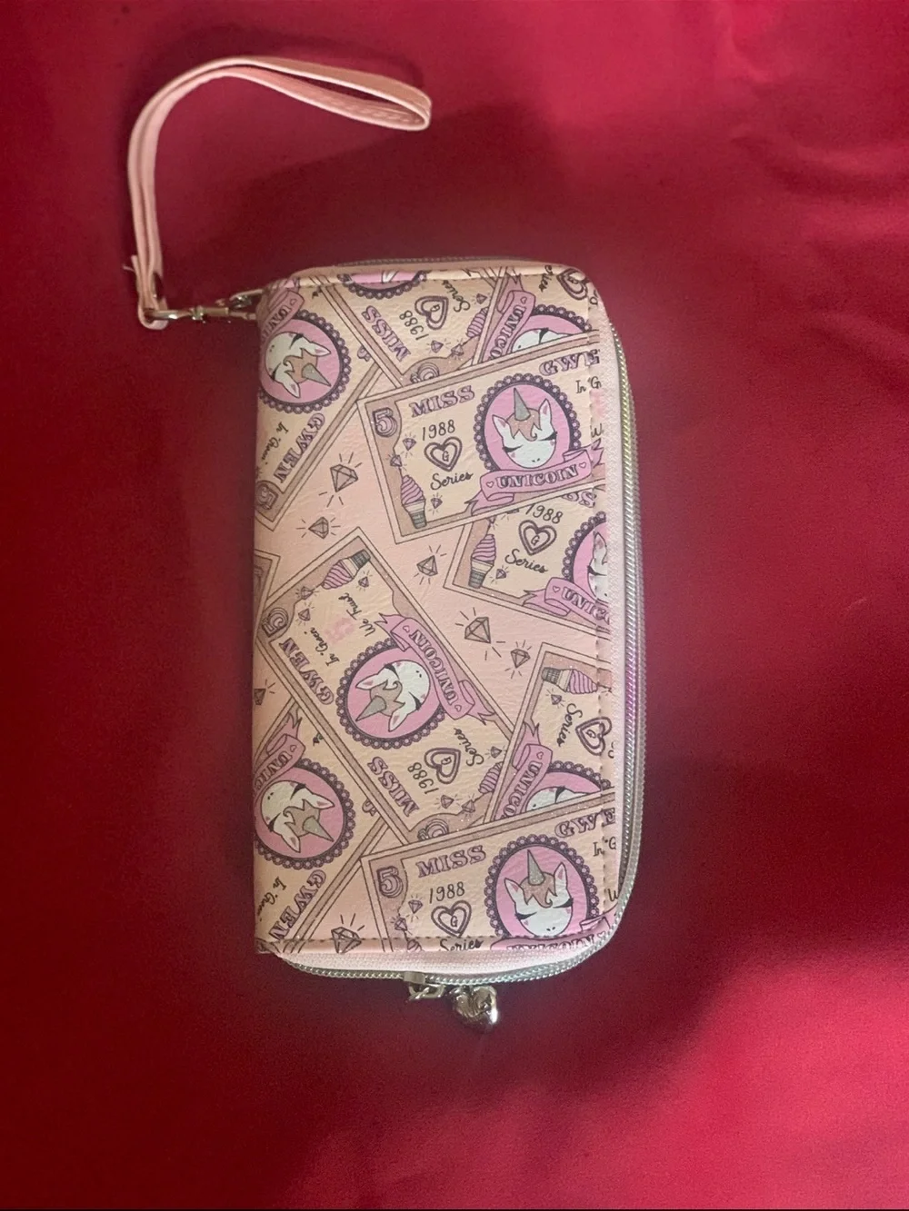 OMG! Accessories Money Print With Unicorn Pink Printed Wristlet Wallet -